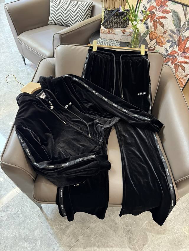 Xc24022#新款套装 Celine 丝绒刺绣拉链外套长裤套装 黑色 Sml